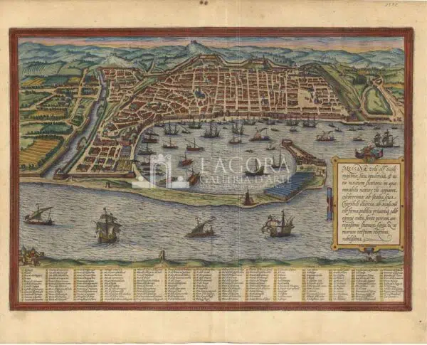 Antique bird's-eye view of Messina, by Georg Braun and Frans Hogenberg.
