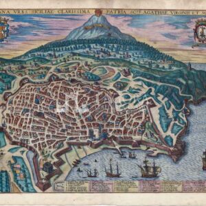 Antique bird’s-eye view of Catania, with Mount Etna in the background, by Georg Braun and Frans Hogenberg.