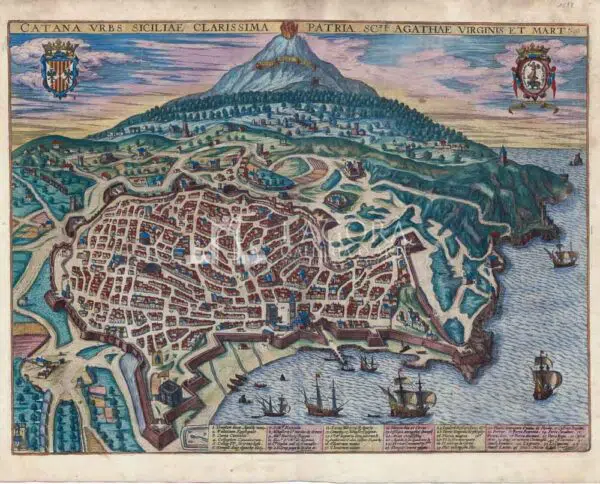 Antique bird's-eye view of Catania, with Mount Etna in the background, by Georg Braun and Frans Hogenberg.